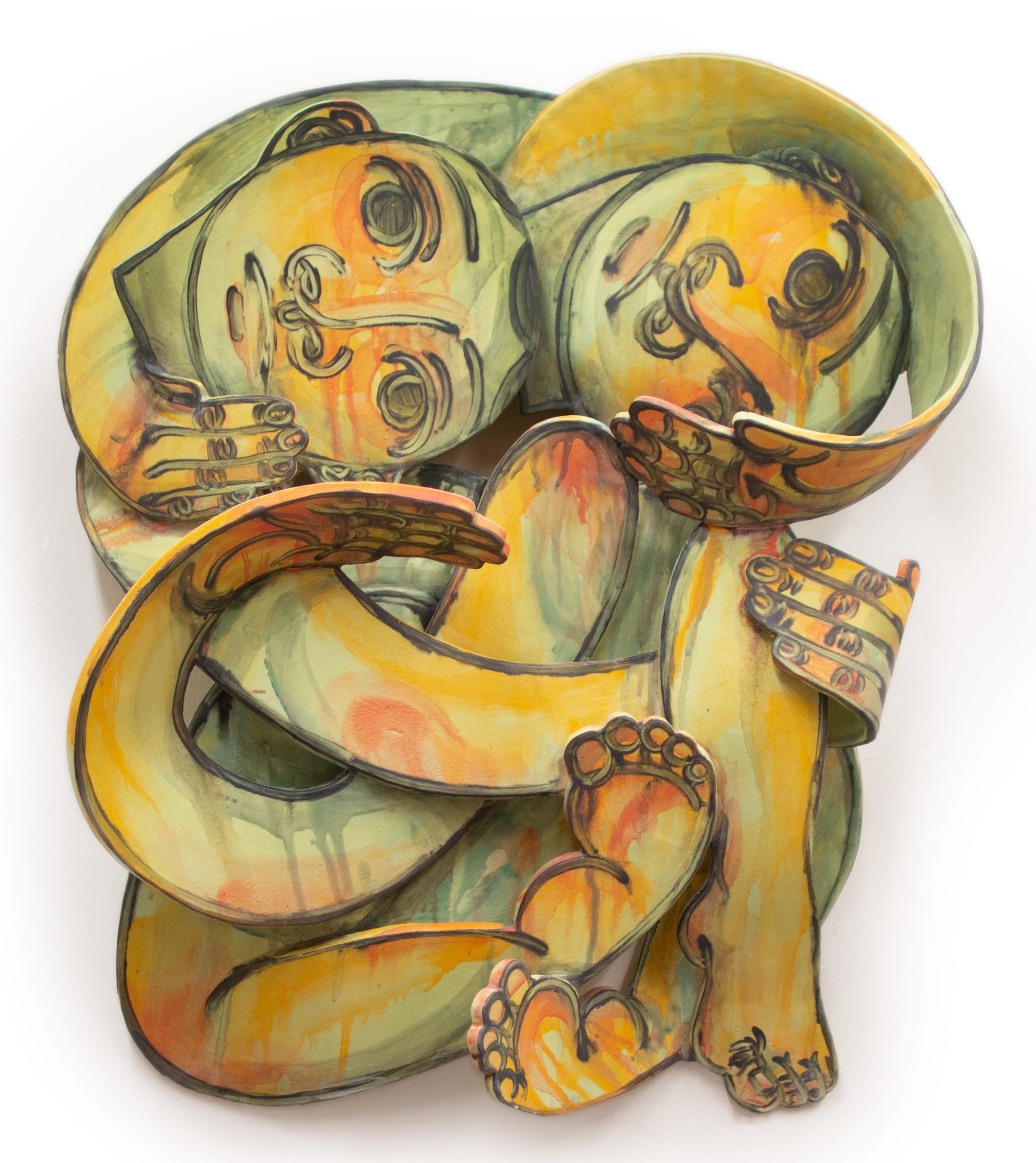 a figurative clay sculpture by Soojin Choi that looks like a three-dimensional drawing of twisted limbs and two faces