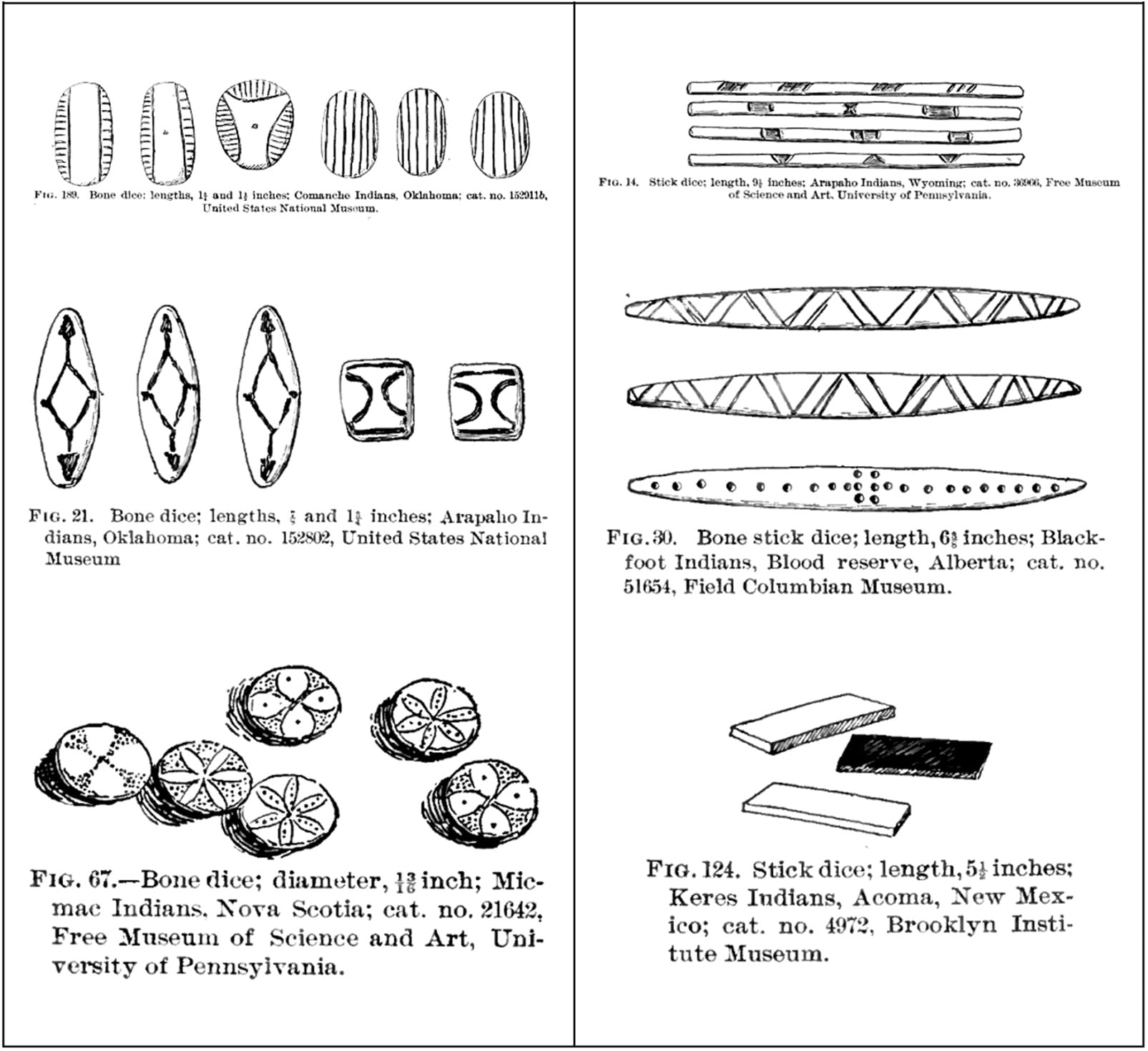 An early 20th century illustration of various kinds of ancient carved dice or tokens