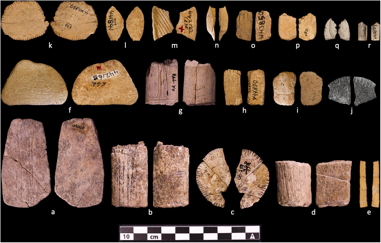 a composite photo of archaeological finds thought to be ancient dice carved from stone and bone, found in the American West and Southwest