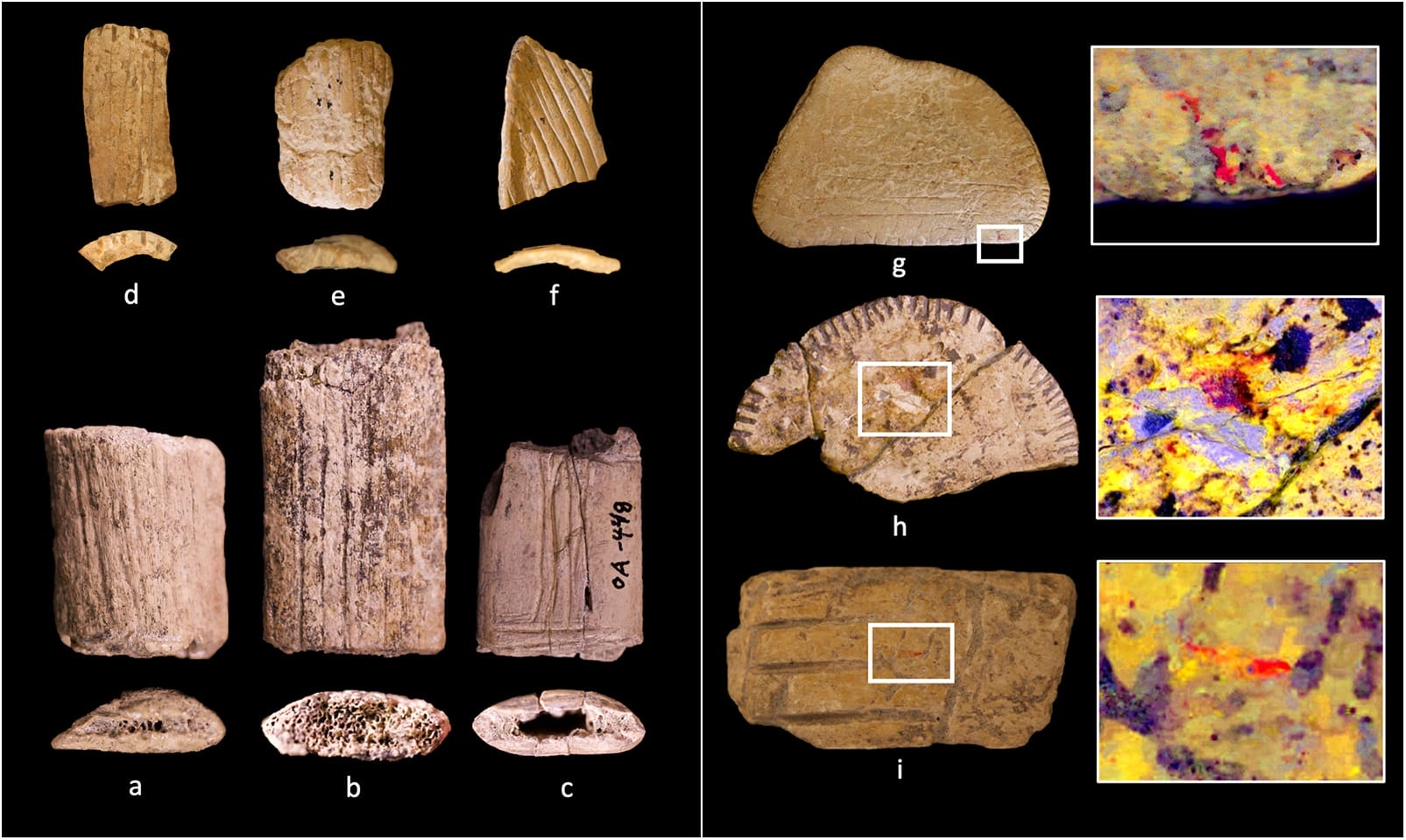 a composite photo of archaeological finds thought to be ancient dice carved from stone and bone, found in the American West and Southwest, including color-enhanced details showing the remains of pigment