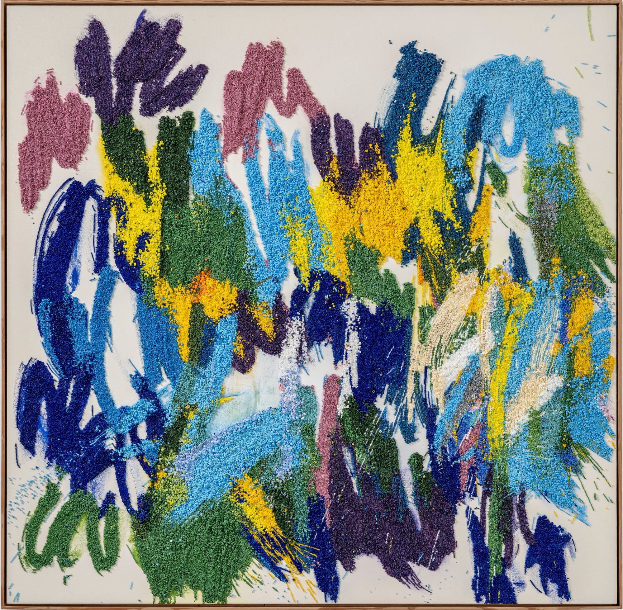 An Abstract Expressionist mixed-media painting by Liza Lou with thousands of colorful beads representing brushstrokes