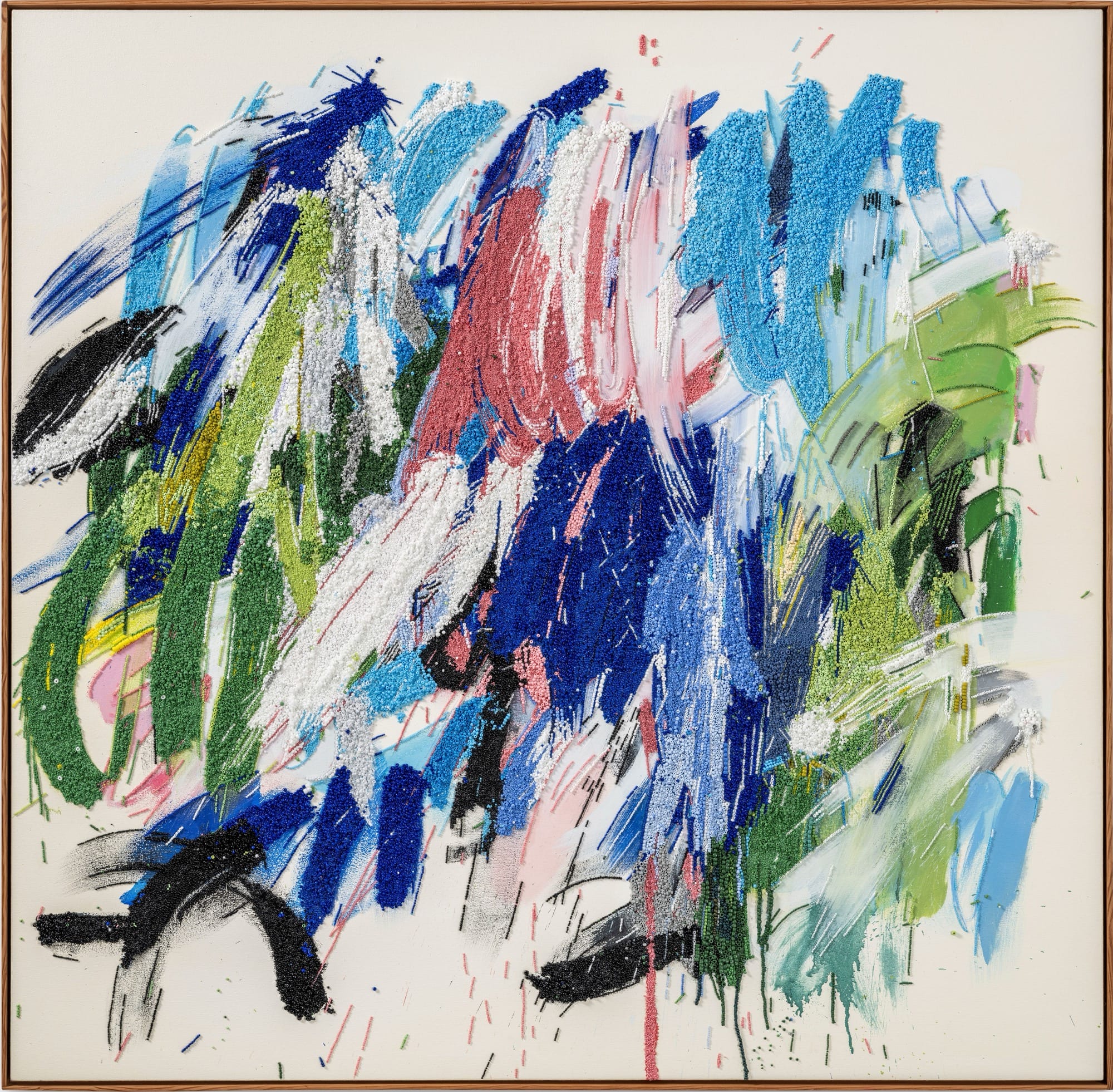 An Abstract Expressionist mixed-media painting by Liza Lou with thousands of colorful beads representing brushstrokes