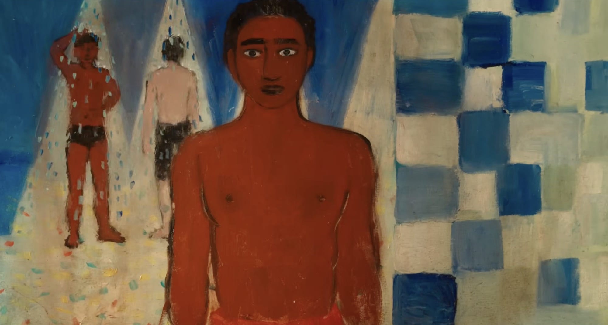 A still from the short film "Papillon" by Florence Miailhe of a swimmer looking out toward the viewer with two other swimmers washing off behind him