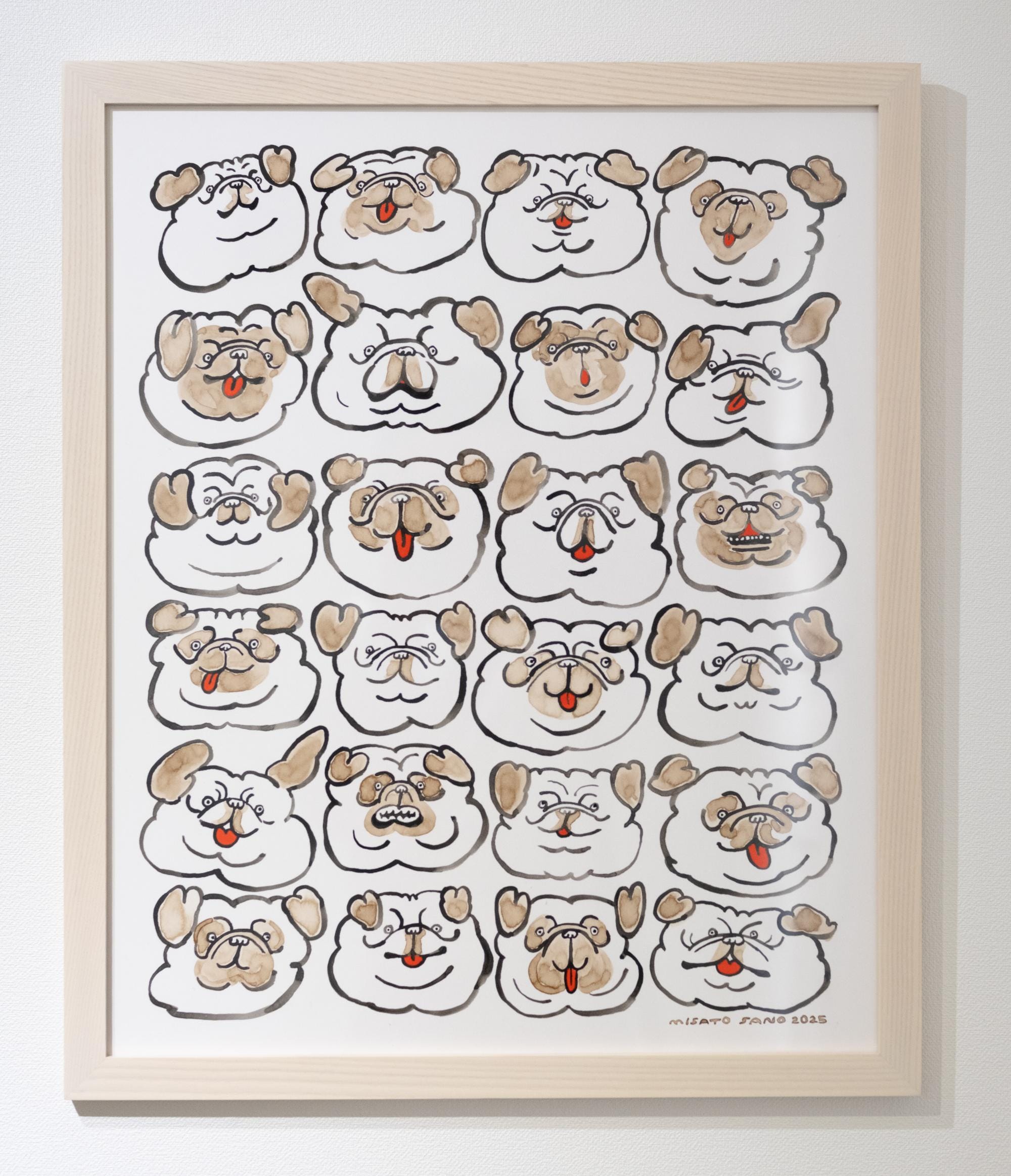 a grid-like drawing of 24 pug faces by Misato Sano, each depicting a different emotion